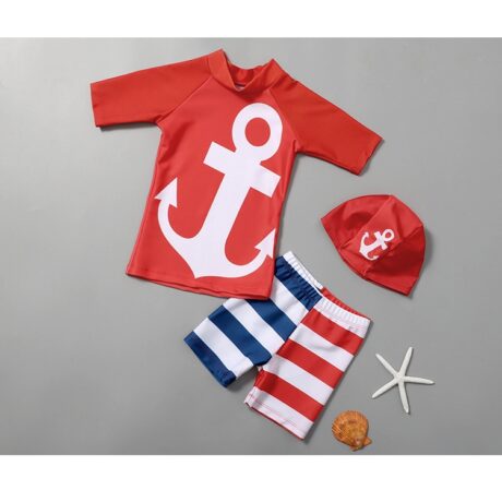 Đồ bơi bé trai thủy thủ màu đỏ có mũ